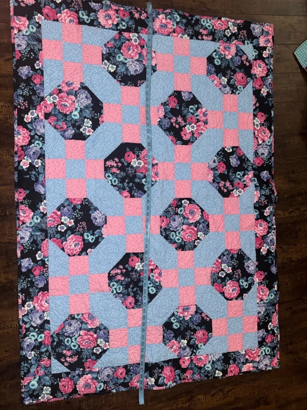 Floral Patchwork Quilt - Pink, Light Blue & Black